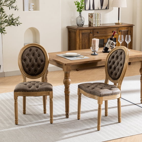 FFZ French Style PU Dining Chair Set of 2 with Solid Wood Legs, Nailhead Trim, Density Foam, Steel, Brown