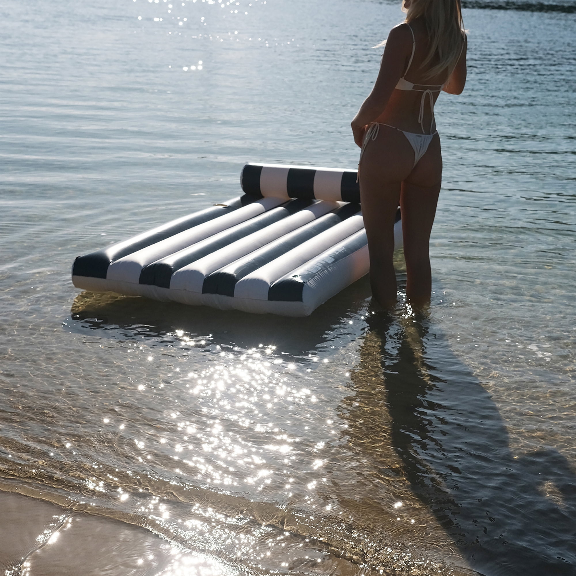 Sunnylife: Luxe Lilo - Black Stripe - 70 x 41" Inflatable Pool Float, Bolster Headrest, Lay-Flat Lounger, Drink Holder, Beach & Water Play, Teen-Adult
