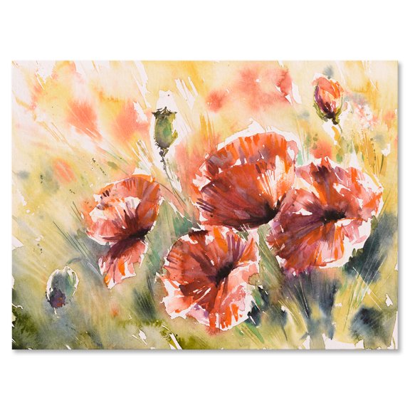 Designart ' Abstract Red Poppy On A Field ' Traditional Canvas Wall Art Print