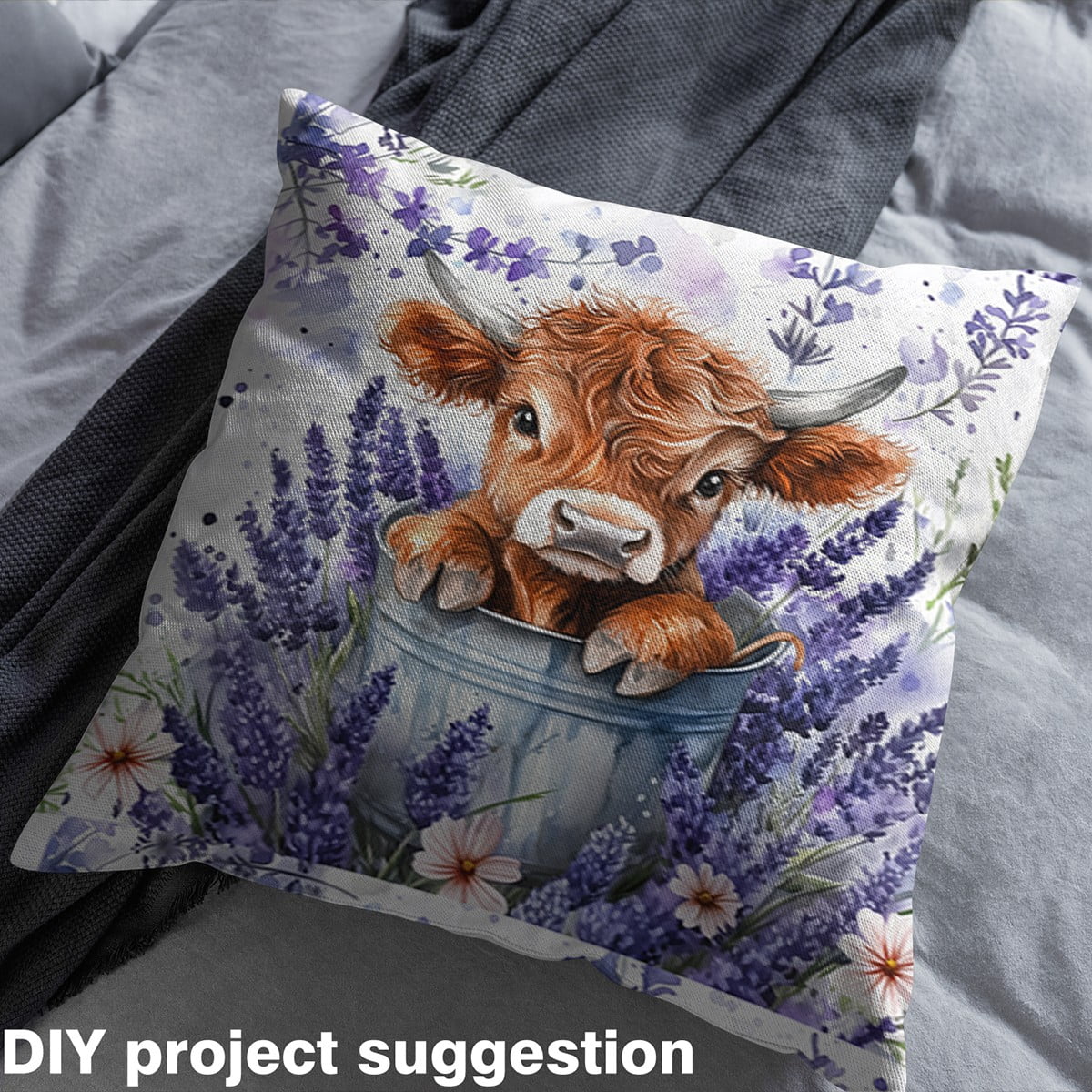 Homewish Purple Lavender Fabric by the Yard 3 Yard,Farm Highland Cattle Sewing Fabric,Rustic Flower Floral Room Decor Fabric by the Yard For Girl Boys,Ultra Soft Home Decor