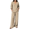 thumbnail image 3 of Josdec Women's Striped 2‑Piece Linen‑Look Outfit Set, V‑Neck 3/4 Sleeve Top and Wide‑Leg Pants, Casual Loungewear, S‑3XL, 3 of 7