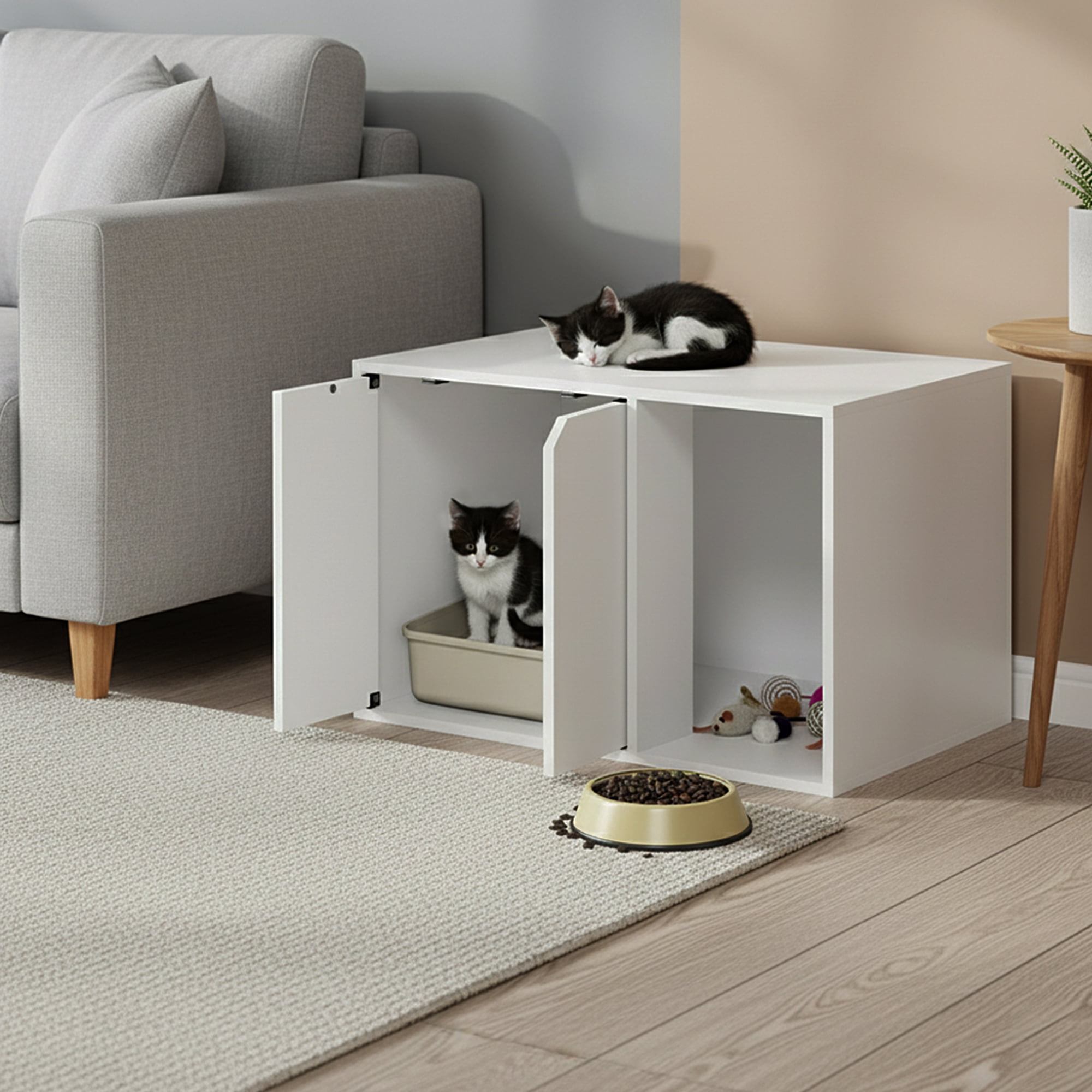 Furinno Peli Cat Litter Box Enclosure, 24 Inch Hidden Litter Box Furniture with Side Entrance, Wooden Pet House with Doors, Easy Assembly, for Living Room, Plain White