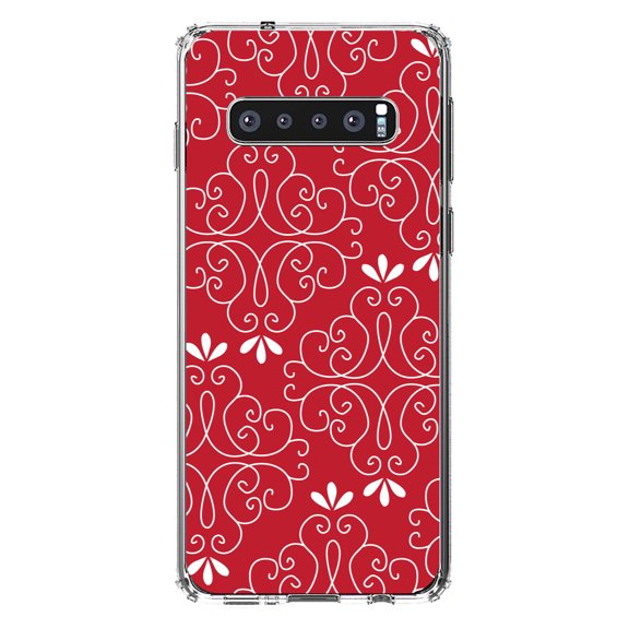 DistinctInk Clear Shockproof Hybrid Case for Samsung Galaxy S10  PLUS(6.4" Screen) - TPU Bumper, Acrylic Back, Tempered Glass Screen Protector - Dark Red White Floral