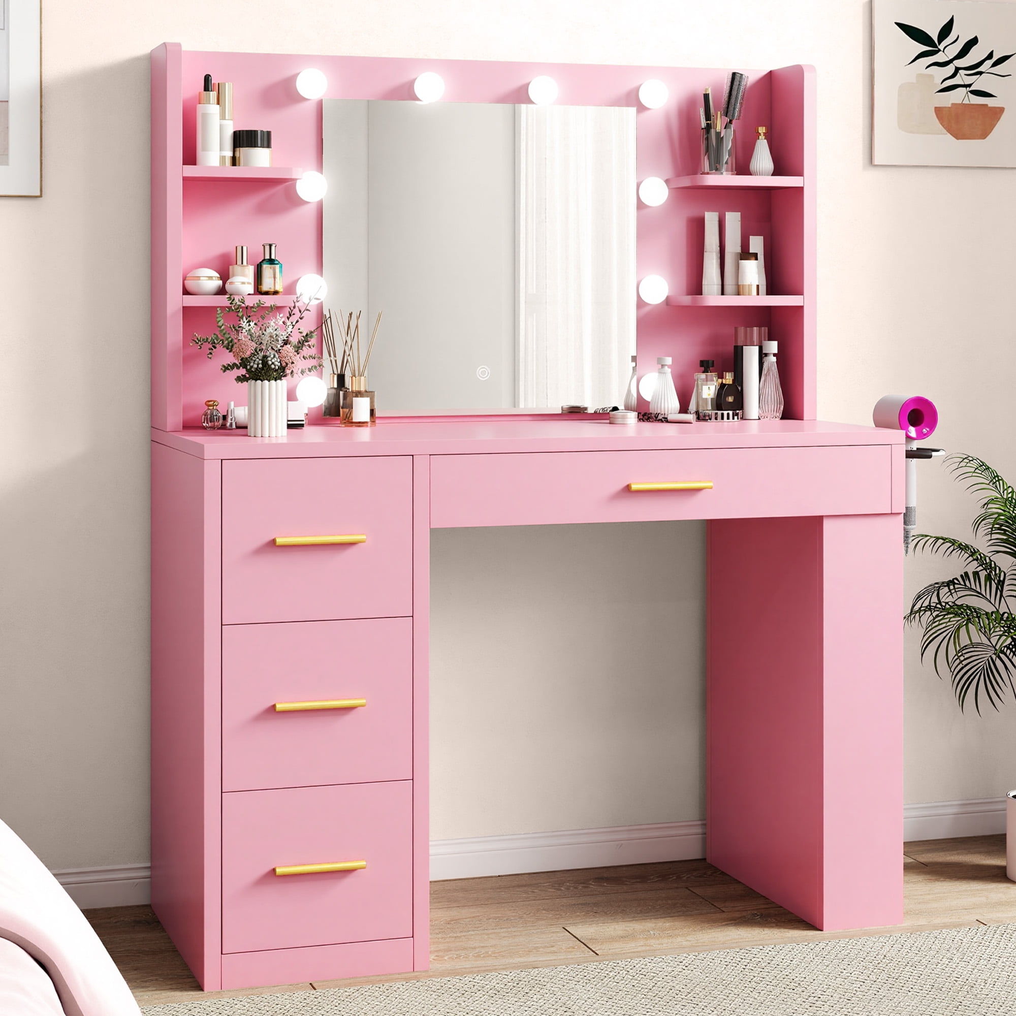 Uforic Engineered Wood 40" Pink Makeup Vanity Desk with LED Mirror, 4 Drawers, Hair Dryer Holder, and Shelves