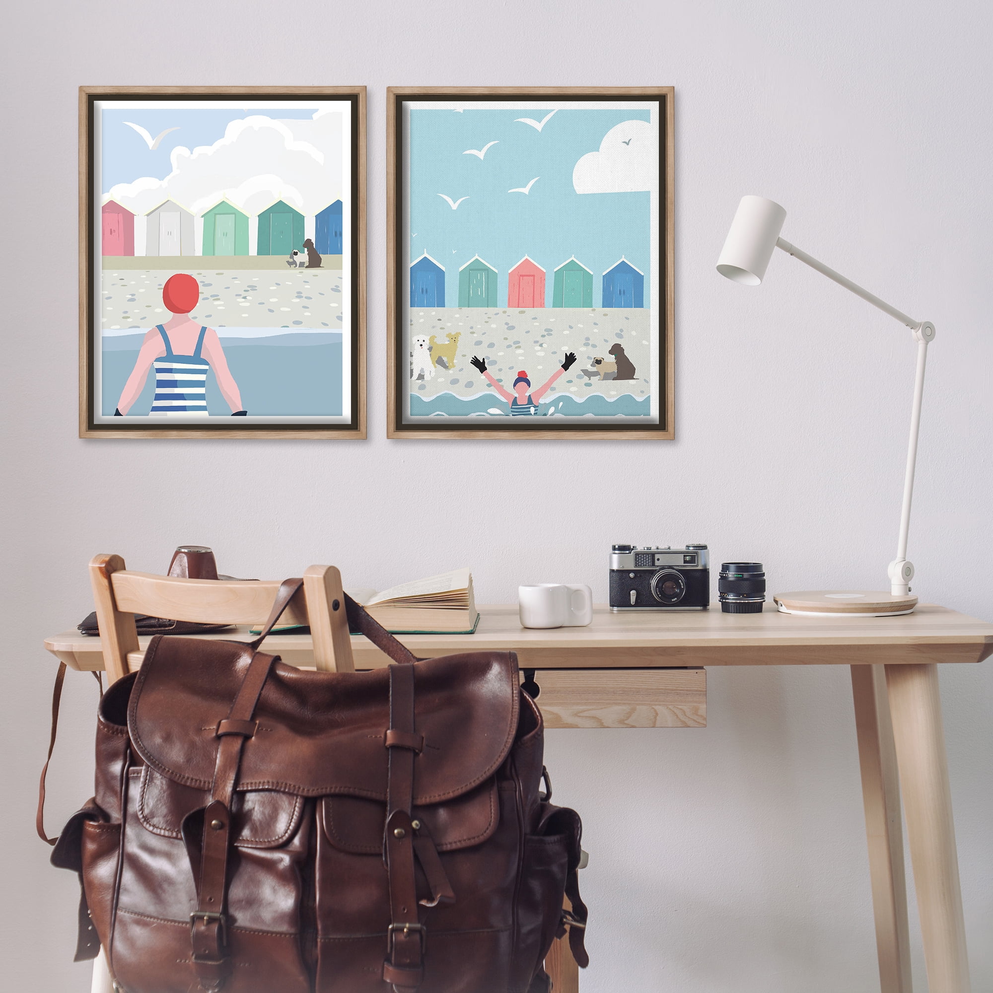 Stupell Industries Beach Changing Huts Dogs Nautical & Beach Painting Brown Floater Framed Canvas Art Print Wall Art, 31 x 25, Set of 2