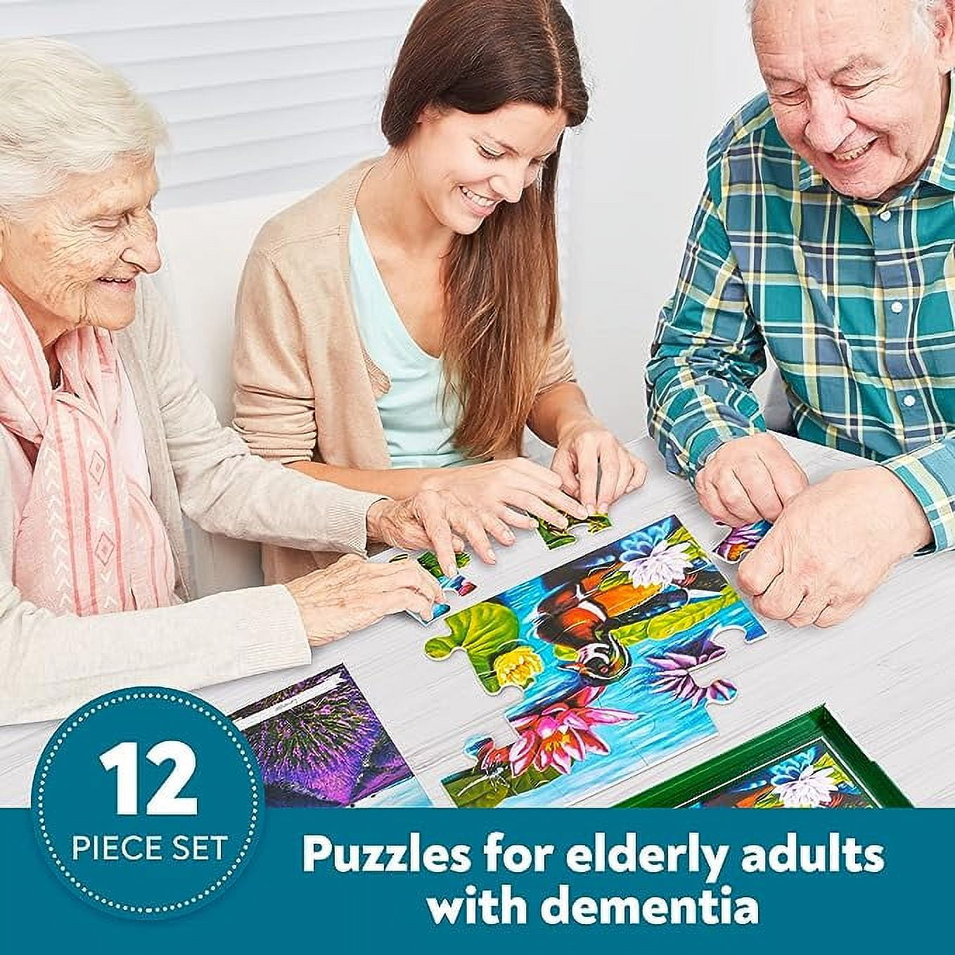 Assistex Dementia Jigsaw 12 Large Puzzle for Seniors - Alzheimer's Activity for Adults with Conversation Prompts - Best Memory Game for Patiens in Nursing Home - Build in Box Activities for Elderly
