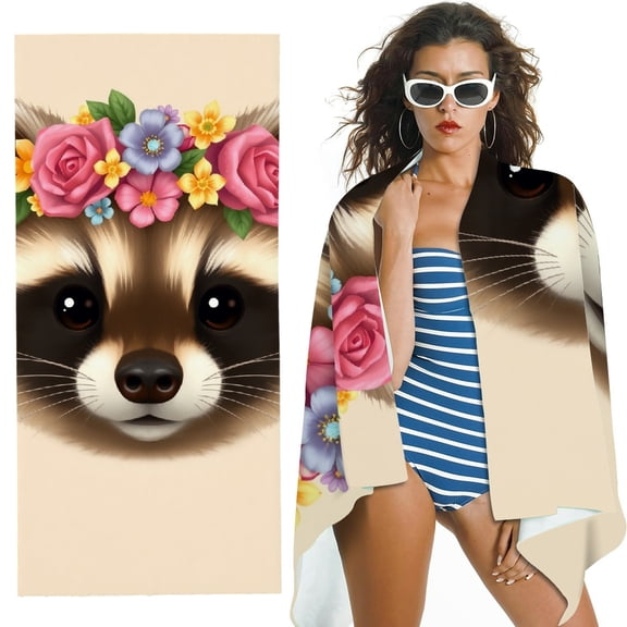 RKSupls Raccoon Flower Crown Microfiber Beach Towel, Extra Large Quick Dry Lightweight Absorbent Towel for Travel Swimming Camping, Soft Super Absorbent- 30x60 in
