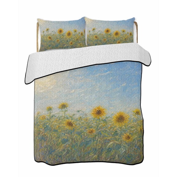 Sunflower Field Quilts Bedding Set Twin Size Summer Floral Grass Meadow Sky Blue Oil Painting Style Lightweight Quilted Bedspread 3 Piece Bed Quilt with 2 Pillow Shams for Bedroom 68" x 86"