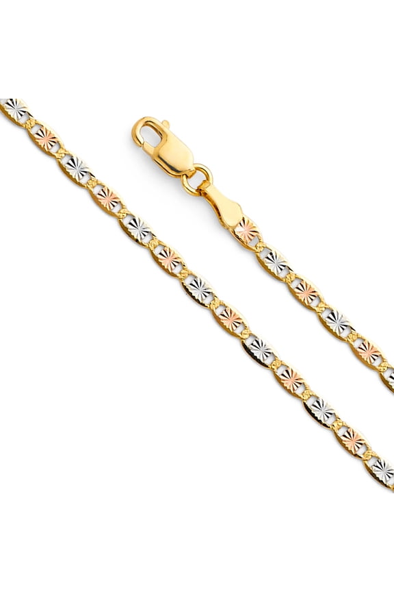 - 14K Tri Color Solid Gold 2.1mm Valentino Chain Necklace with Lobster Clasp