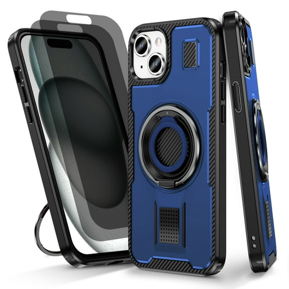 Hotpom for iPhone 15 Case with 2 Pack Privacy Screen Protector, Double Ring Kickstand, Heavy Duty Shockproof Drop Protection and Rugged Anti-Scratch Phone Cover, Blue