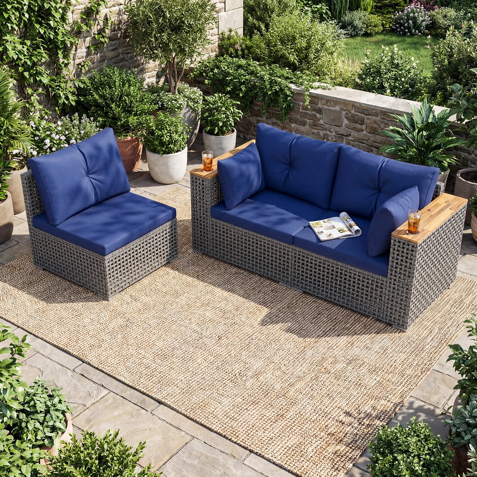 Costway Patio Wicker Sectional Furniture Set, 3 Piece Outdoor Couch Set for Garden Navy