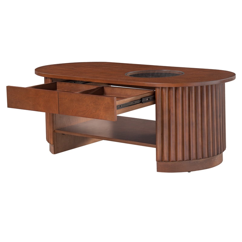 Mid-Century Modern Oval Coffee Table with Drawers & Tempered Glass Inset Top, 2-Tier Fluted Center End Table with Open Shelf