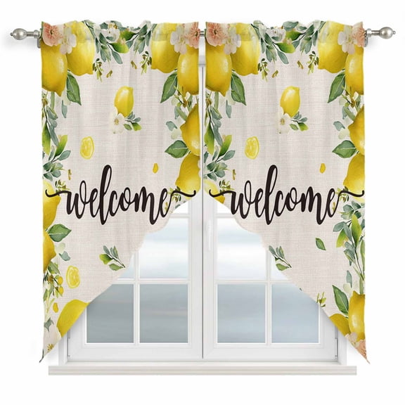 Swag Valance Curtains for Windows, Lemon Farmhouse Light Filtering Kitchen Curtains with Rod Pocket, Summer Fruit Botanical Beige Burlap Window Treatment Valances for Living Room, 36x36 - 2 PCS
