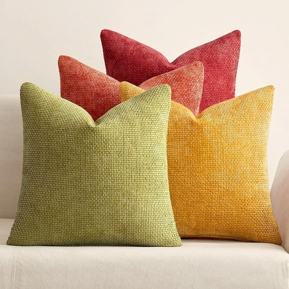Lomyolo Set of 4 Chenille Pillow Covers - 18x18 Inch Soft Farmhouse Decor for Couch, Sofa, Bedroom Spring Summer Farmhouse Accent Boho Cushions Decor