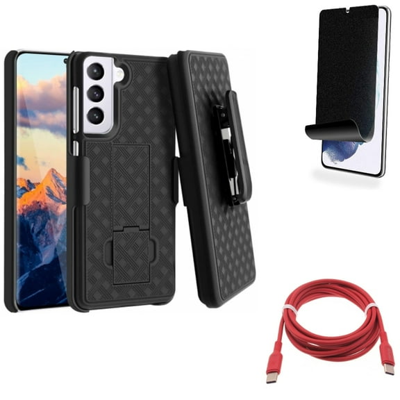 For Samsung Galaxy S21 (6.2") - PD Fast Charger USB-C to Type-C Red 6ft Long Cable   [Fingerprint Works] TPU Film Privacy Screen Protector   Swivel Holster Case Belt Clip