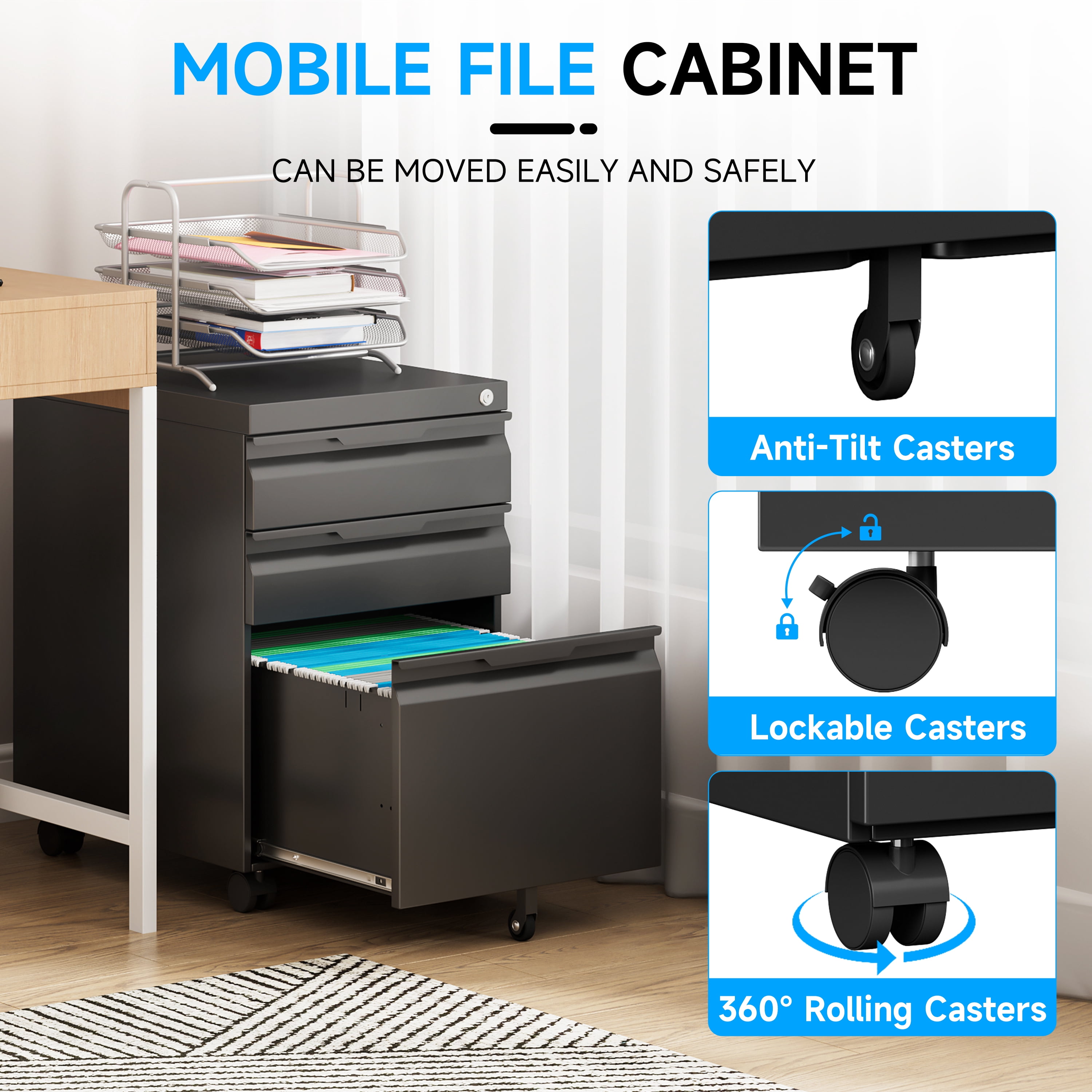 Bestoo 3 Drawer Mobile File Cabinet, Metal Lockable Rolling File Cabinet for Home Office, Fit Letter/Legal/A4 Size (Black)