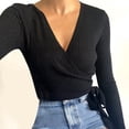 thumbnail image 2 of Workout Tops for Women Bottoming Shirt Long Sleeve Knit V Neck Blouses,Black,L, 2 of 5