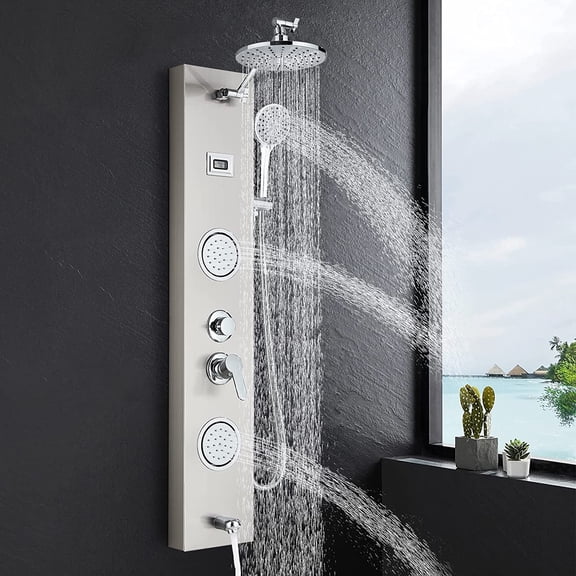 Brushed Nickel Shower Panel Stainless Steel Shower System Multifunctional Shower Column with Temperature Display, Shower Head Massage Jets and Waterfall Hand Shower