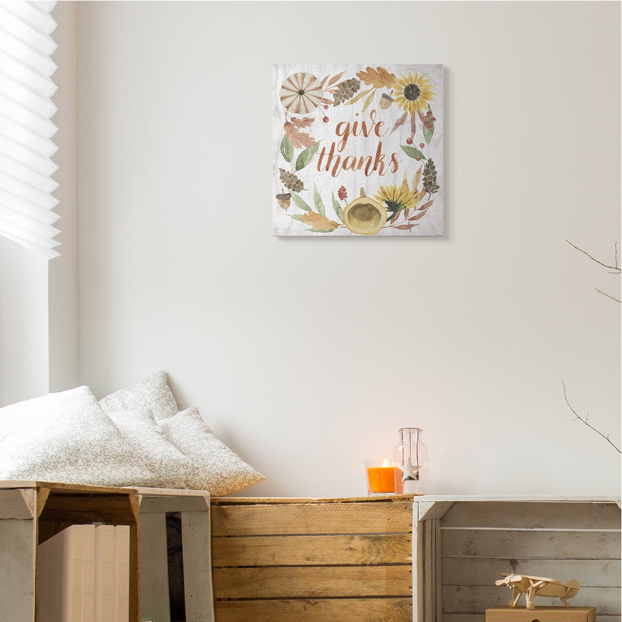Give Thanks Whimsical Typography Harvest Foliage Typography Gallery-Wrapped Canvas Print Wall Art, 17x17