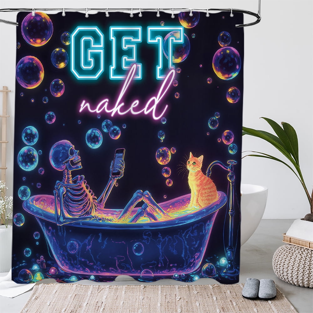 4pcs Neon Skull Shower Curtain Set Funny Skeleton in Bathtub with Cat Colorful Gothic Halloween Bathroom Decor