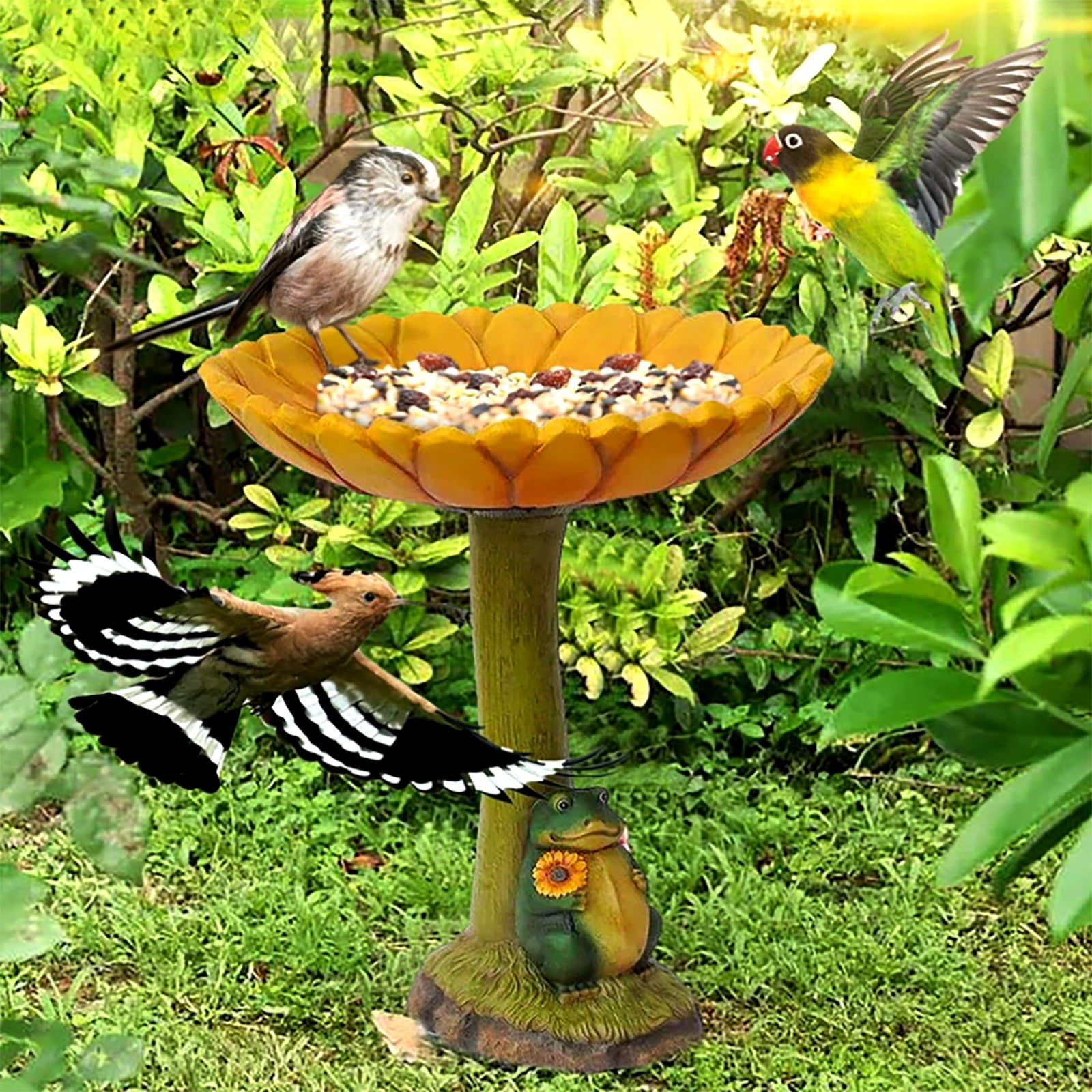 Hot Sale! Fdelink Yard Garden Frog Bird Feeder Standing Bird Feeder Sunflower Bird Ground Bird Baths for Outside Sunflower Outdoor Decor Small Ornaments Resin Water Bath, Bird Feeder*1Bird Feeder