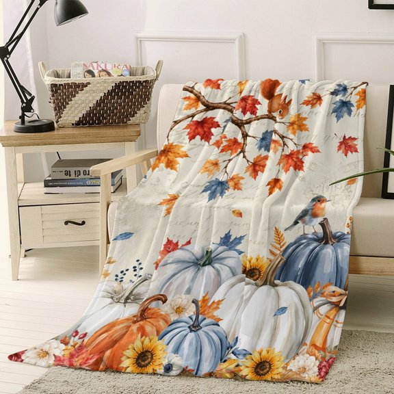 Throw Blanket Fleece Throw Blanket 50x60in, Thanksgiving Pumpkin Flower Leaf Soft Lightweight Bed Blankets Farmhouse Squirrel Botanical Fuzzy Couch Blankets for All Season