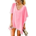 thumbnail image 2 of AWZXDE Women's Pure Color Chiffon Fringe Tassel Beach Cover-Up Shawl with Pom-Poms, Lightweight & Stylish Pink,One Size, 2 of 7