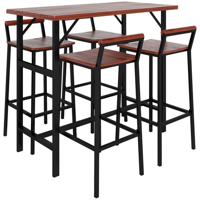 5-Piece Brown Patio Bar Set with Counter Height Table & Bar Stools - Outdoor Bistro Set for Balcony, Porch & Backyard Seating - 47" Table