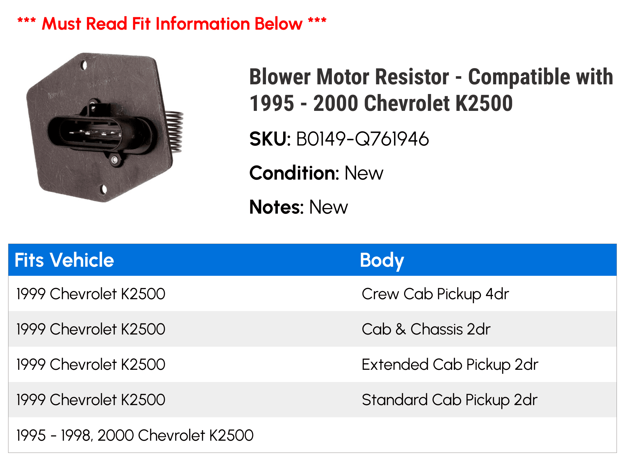 Blower Motor Resistor - Compatible with 1995 - 2000 Chevy K2500 1996 1997 1998 1999