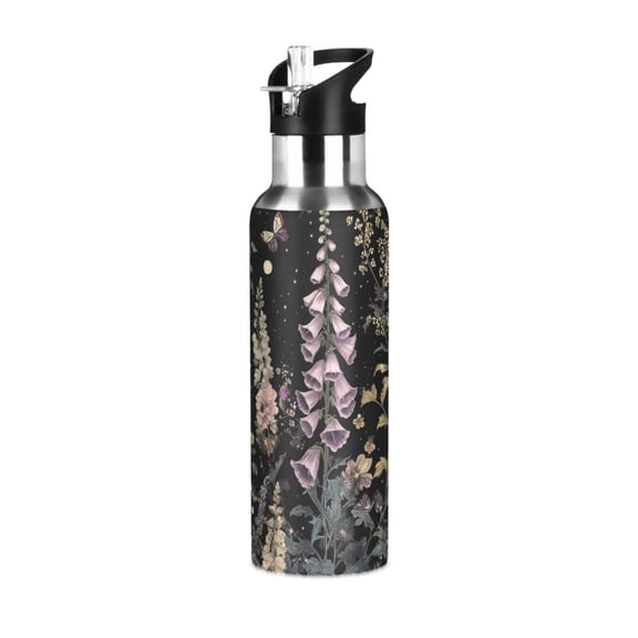 Yayeee 20oz Insulated Water Bottle Double Wall Stainless Steel with Flip Straw Lid, Dark Flowers Pattern
