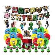XMMSWDLA Minecraft Party Decorations Set - Pixel Style Hanging Balloons, Swirls & Cake Toppers for Birthday/Holiday,Official Game Theme Supplies