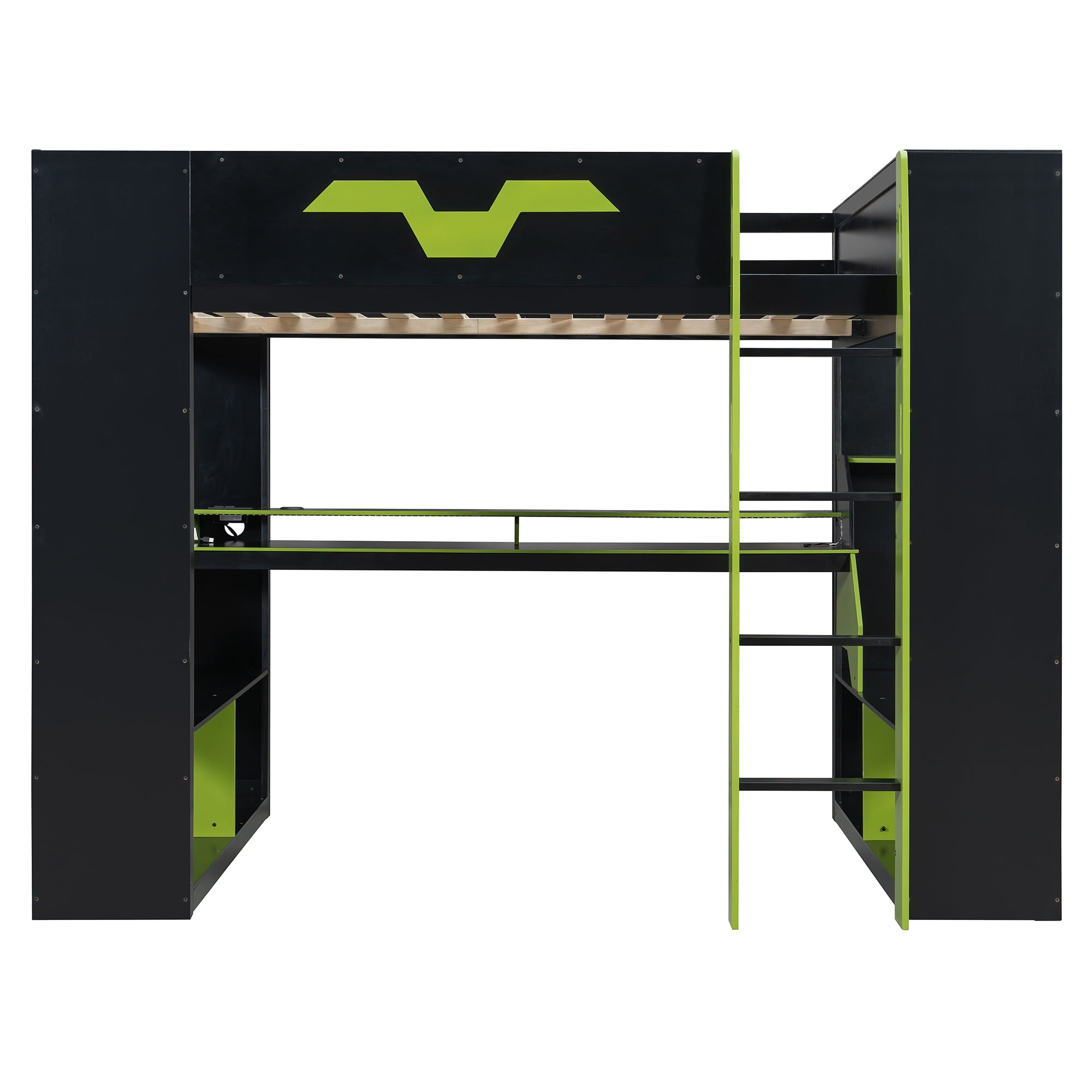 Mintazer Full Size Gaming Loft Bed with RGB LED Lights, Power Outlets and Dual Side Storage Shelves, Black & Green