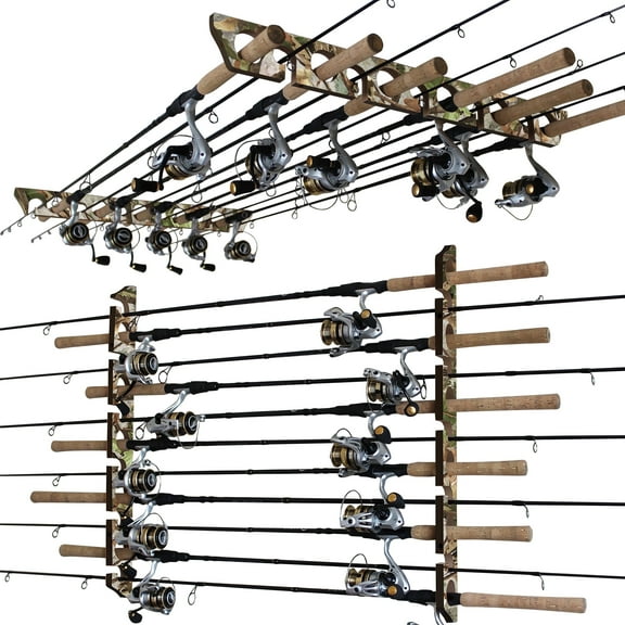 Rush Creek Creations 2 in 1, 11 Fishing Rod/Pole Storage Wall/Ceiling Rack Camouflage Finish - Convenient Easy Assembly