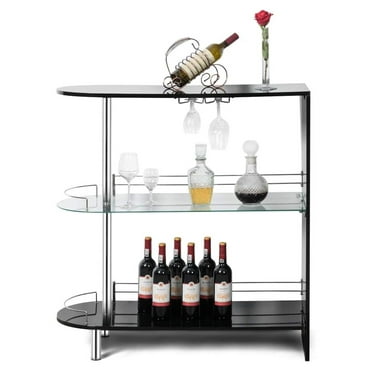 Drevy Bar Cabinets Table with 2-Holder, Modern Liquor Display Bar Cabinet with Tempered Glass Shelves, Wine Storage with Wine Glass Holders Ideal for Home/Kitchen/Bar/Pub, Black