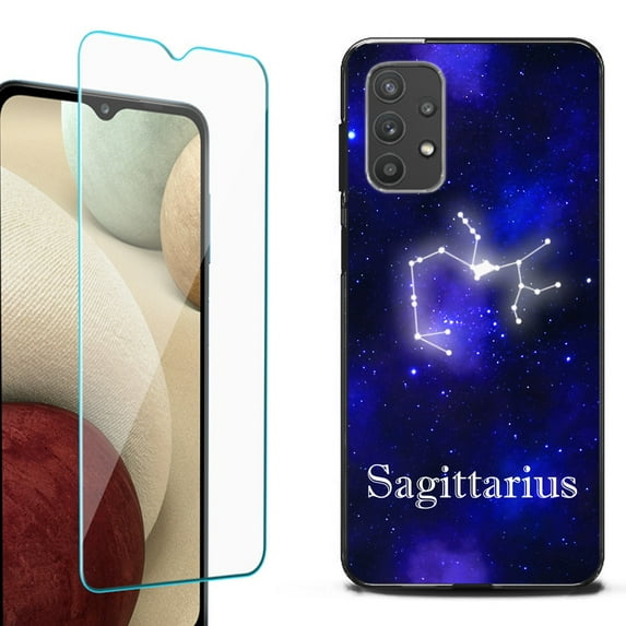 Slim-Fit Flexible TPU Gel Phone Case (black) for Samsung Galaxy A32 5G, with Tempered Glass Screen Protector, by OneToughShield ® - Zodiac / Sagittarius