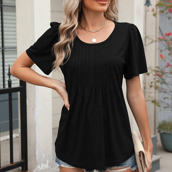 CaiJunJia Women's Summer Puff Short Sleeve Tunic Tops 2025 Spring Pleated Crew Neck Shirts Blouses Casual Loose T-Shirts