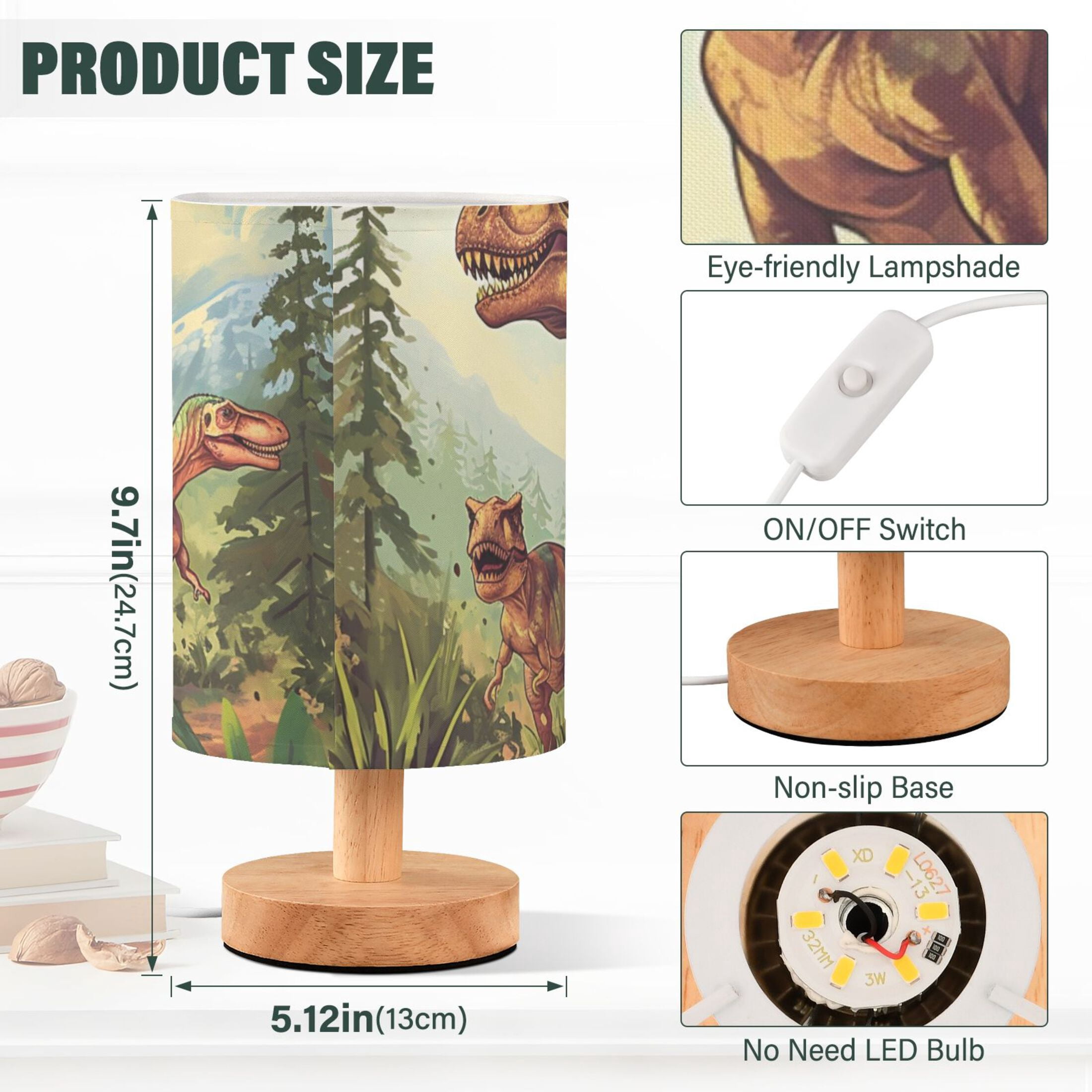 Dinosaurs Trees Leaves Sky Table Lamp USB Bedside Desk Nightstand Lamp Printed Gifts Small Lamp Wood Base for Bedroom Living Room Kids Room College Dorm