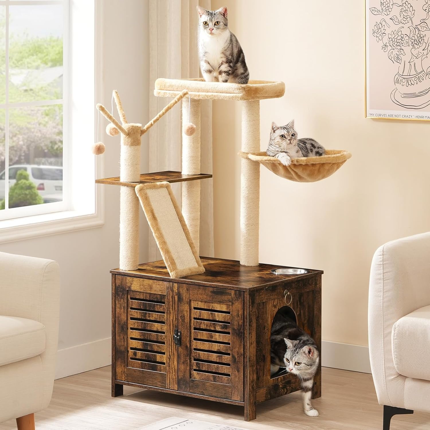 Cat Tree with Litter Box Enclosure, 44" Tall Wooden Cat Tower with Scratching Posts, Cat Hammock, Hidden Litter Box Furniture, All-in-One Indoor Cat Condo, Rustic Brown FG48MZ03