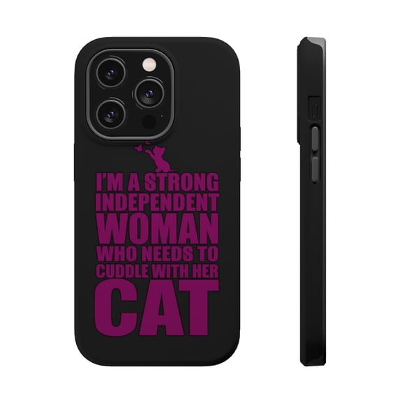 DistinctInk Tough Case for Apple iPhone 15 PRO (6.1" Screen), Compatible with MagSafe Charging - Strong Woman Needs to Cuddle Cat