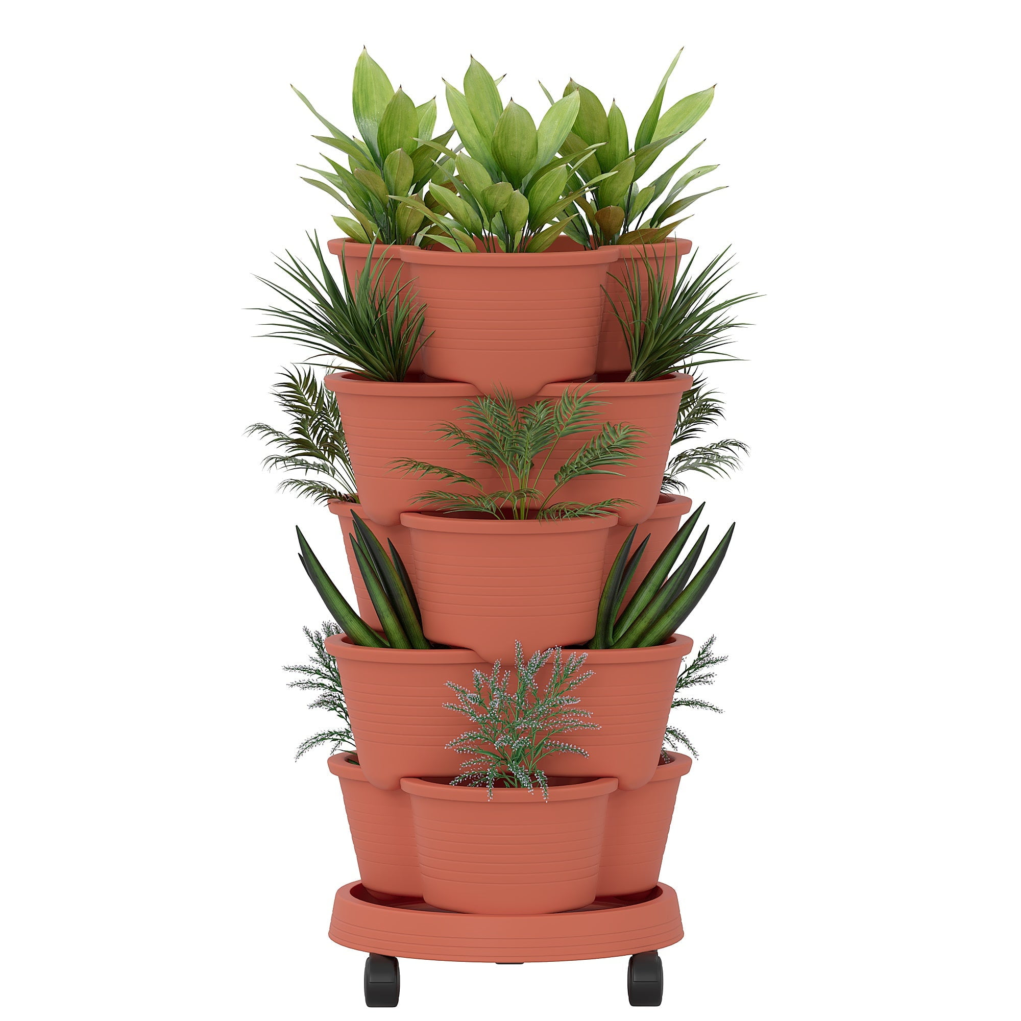 VECELO Stackable Planters 5 Tier Vertical Gardening Planter, Stackable Garden Tower Indoor Outdoor Pot For Strawberries, Flowers, Herbs, Vegetables With Removable Wheels, Orange Red