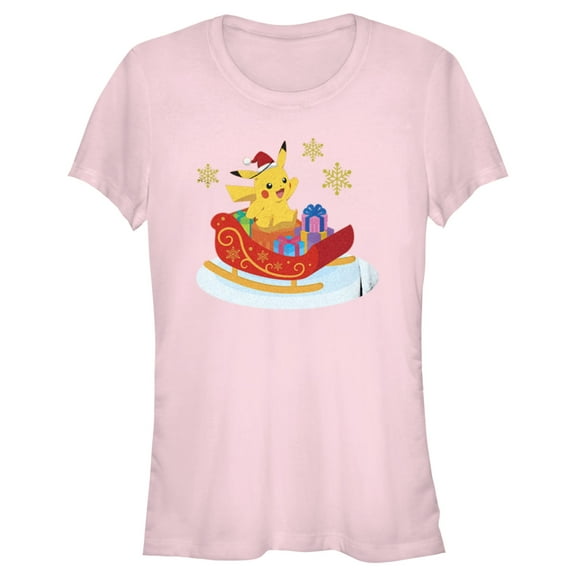 Junior's Pokemon Christmas Pikachu Sleigh Graphic Tee Light Pink Large