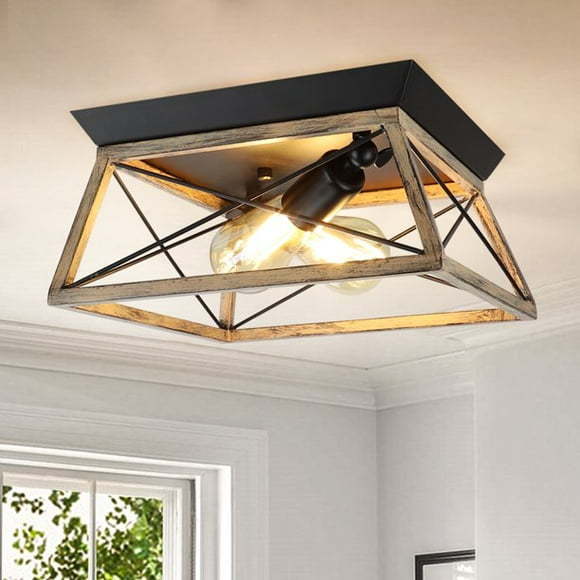 Depuley Farmhouse Ceiling Light, Retro Industrial Flush Mount Ceiling Light with Imitation Wood Pink Shade, 2-Light Rectangle Ceiling Lamp for Kitchen, Living Room, Hallway, Bedroom, E26, Black