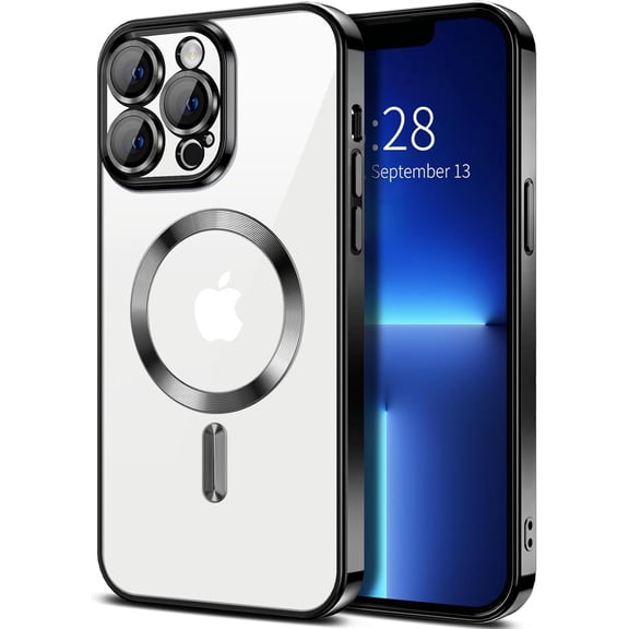 Entronix Magnetic Clear Case Compatible with iPhone 13 Pro, Flexible TPU Cover with Camera Lens Protector, Black