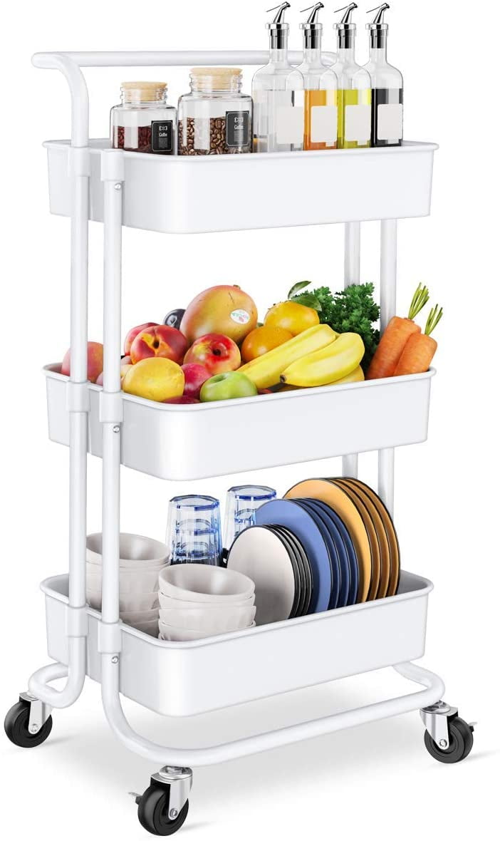 White 70 x 49 x 28 cm 3 Tiers Steel Frame Relaxdays Serving Trolley Kitchen Cart with Handles H x W x D: app 360° Rotating Wheels 