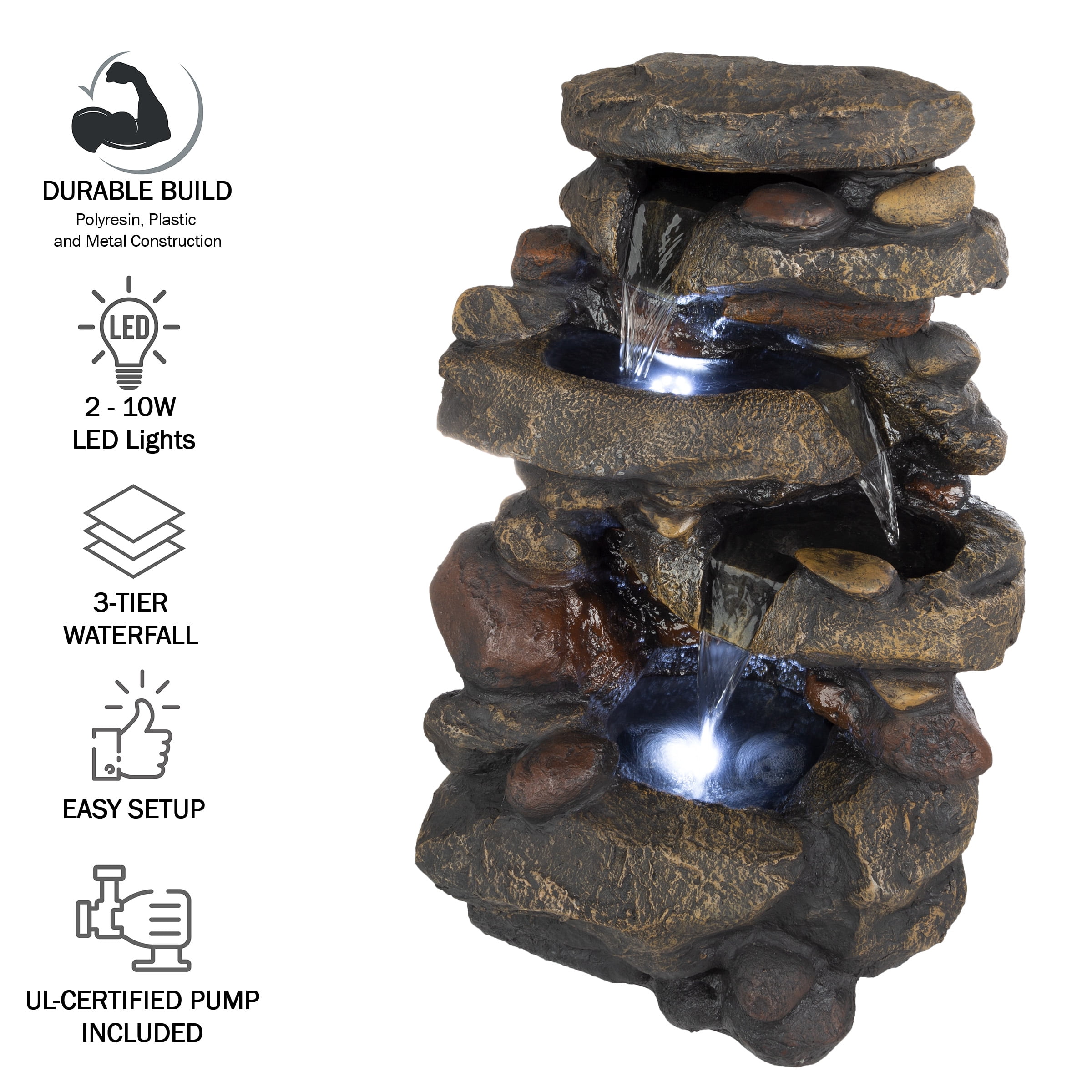 Pure Garden 3-Tier Outdoor Water Fountain with Lights - 25.5” LED Fountain