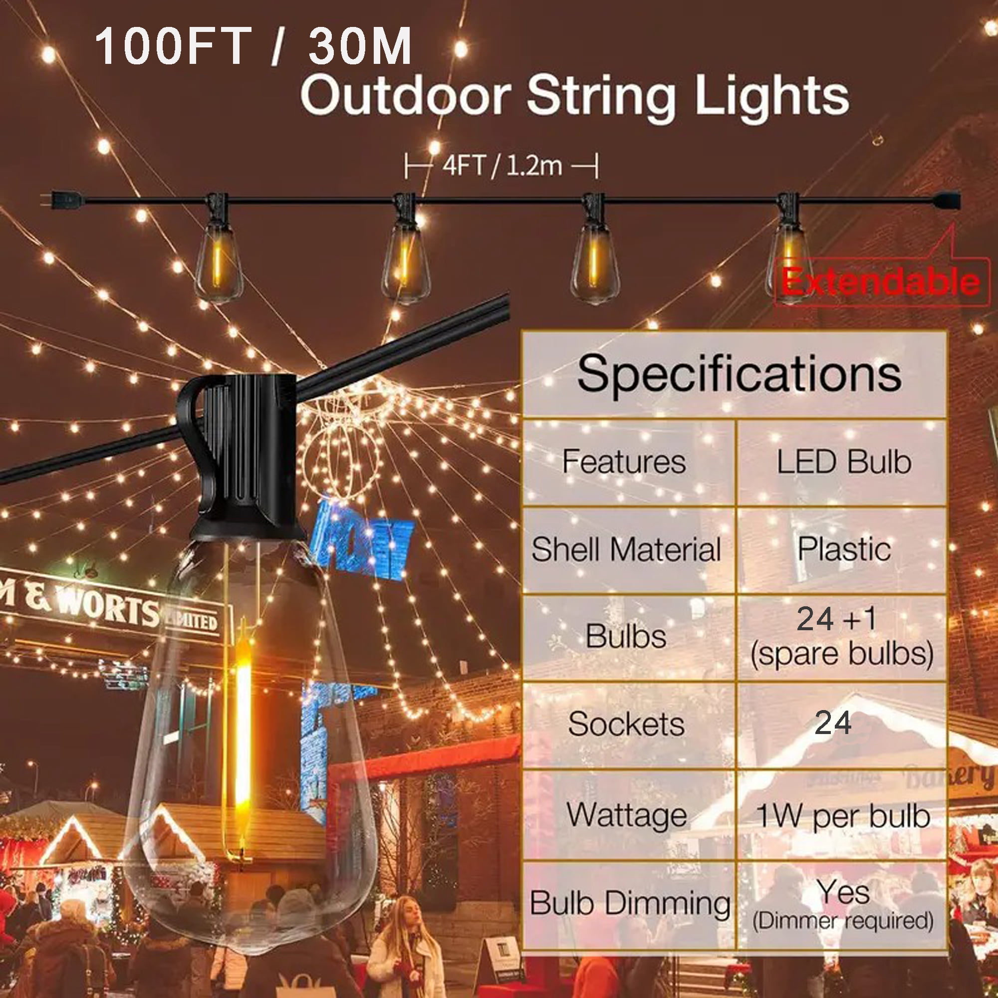 GUPUP 100ft Outdoor String Lights, Waterproof and Shatterproof Patio Light with 24+1 ST38 Bulbs, Connectable Hanging Outside Lights for Yard