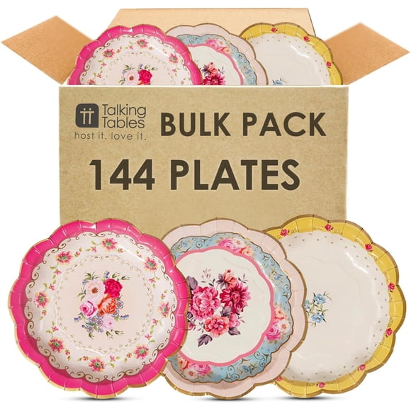 Talking Tables /144x / Assiettes en Papier Vintage à Motif Floral, Paquet en Vrac, Rose, Bleu, Jaune, Bord Festonné, Véritablement Savoureuses, Vaisselle Jetable,