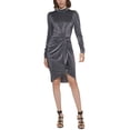 thumbnail image 1 of Calvin Klein Womens Petite Metallic Animal-Print Ruched Dress, Silver/0P, 1 of 4