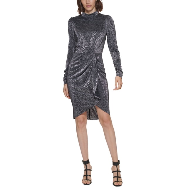 Calvin Klein Womens Petite Metallic Animal-Print Ruched Dress, Silver/0P