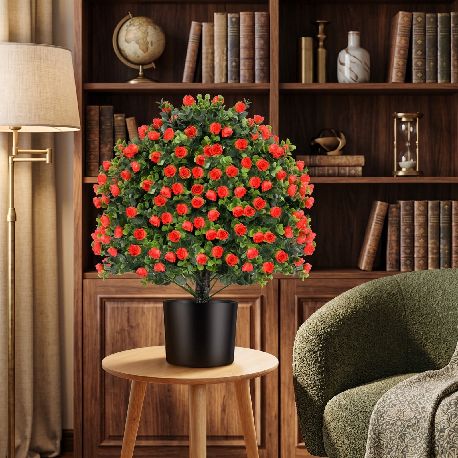ALPULON 2 Pack Artificial Rose Topiary Ball Tree 21.5 Inch Faux Shrub Bushes with Red Flowers and Cement Base for Front Porch Home Office Decor, Red